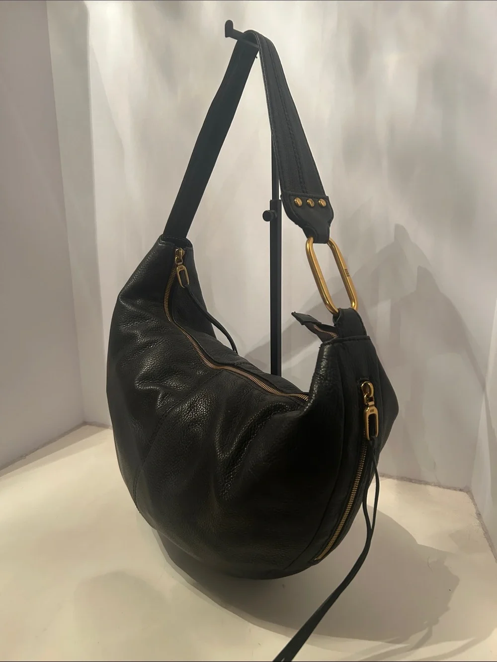 New HOBO Black Leather Hobo with Gold-Tone Hardware